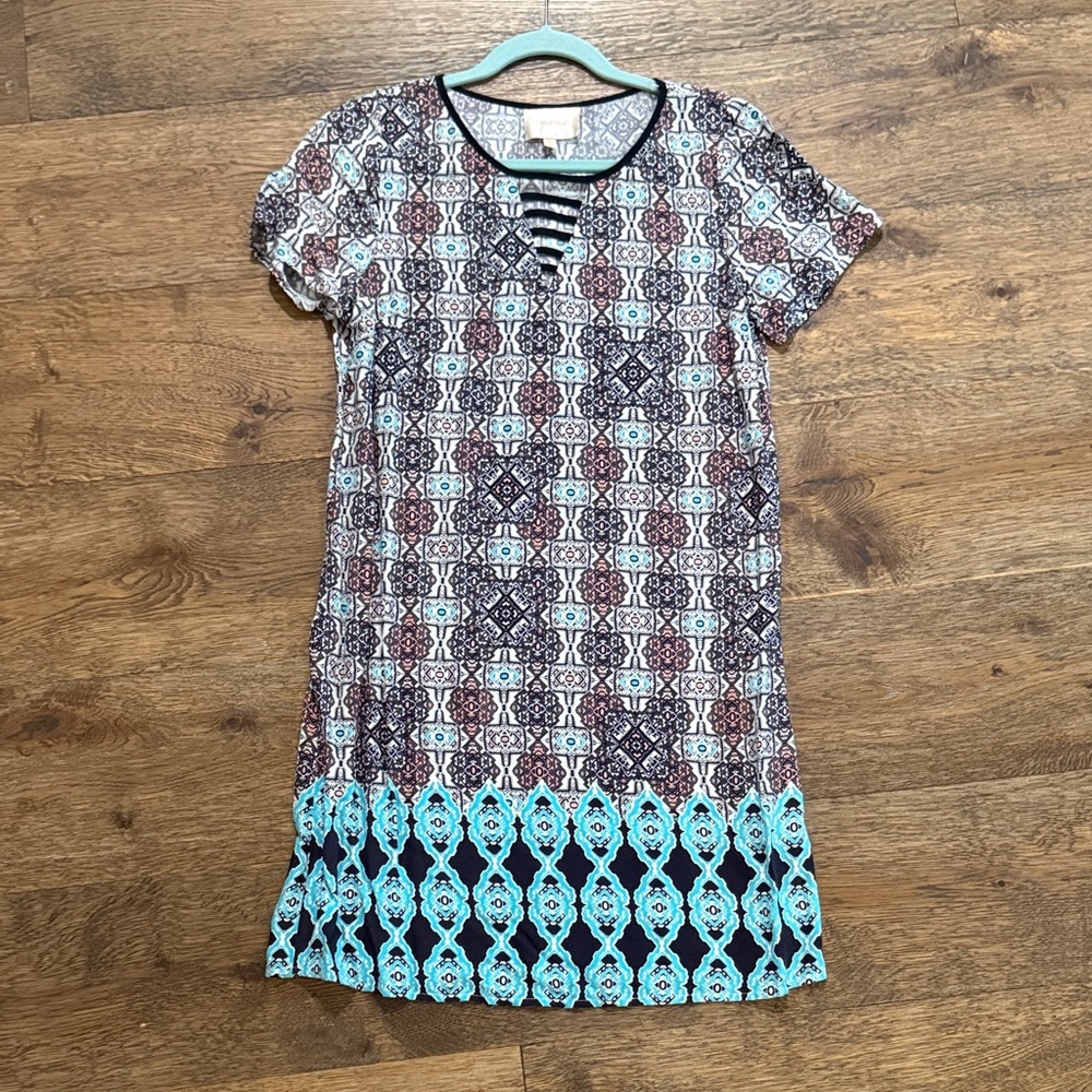 Skies Are Blue Patterned Mini Summer Dress in Blue and Brown